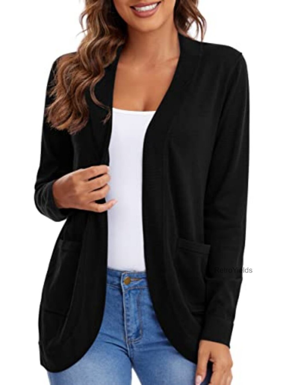 Long Sleeve Knit Open Front Cardigan Curved Hem Pockets Loose Fit
